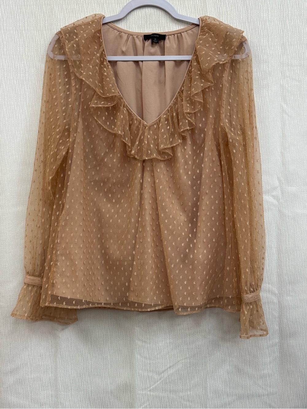 J. Crew Sheer Ruffle V-Neck Blouse - Camel/Tan